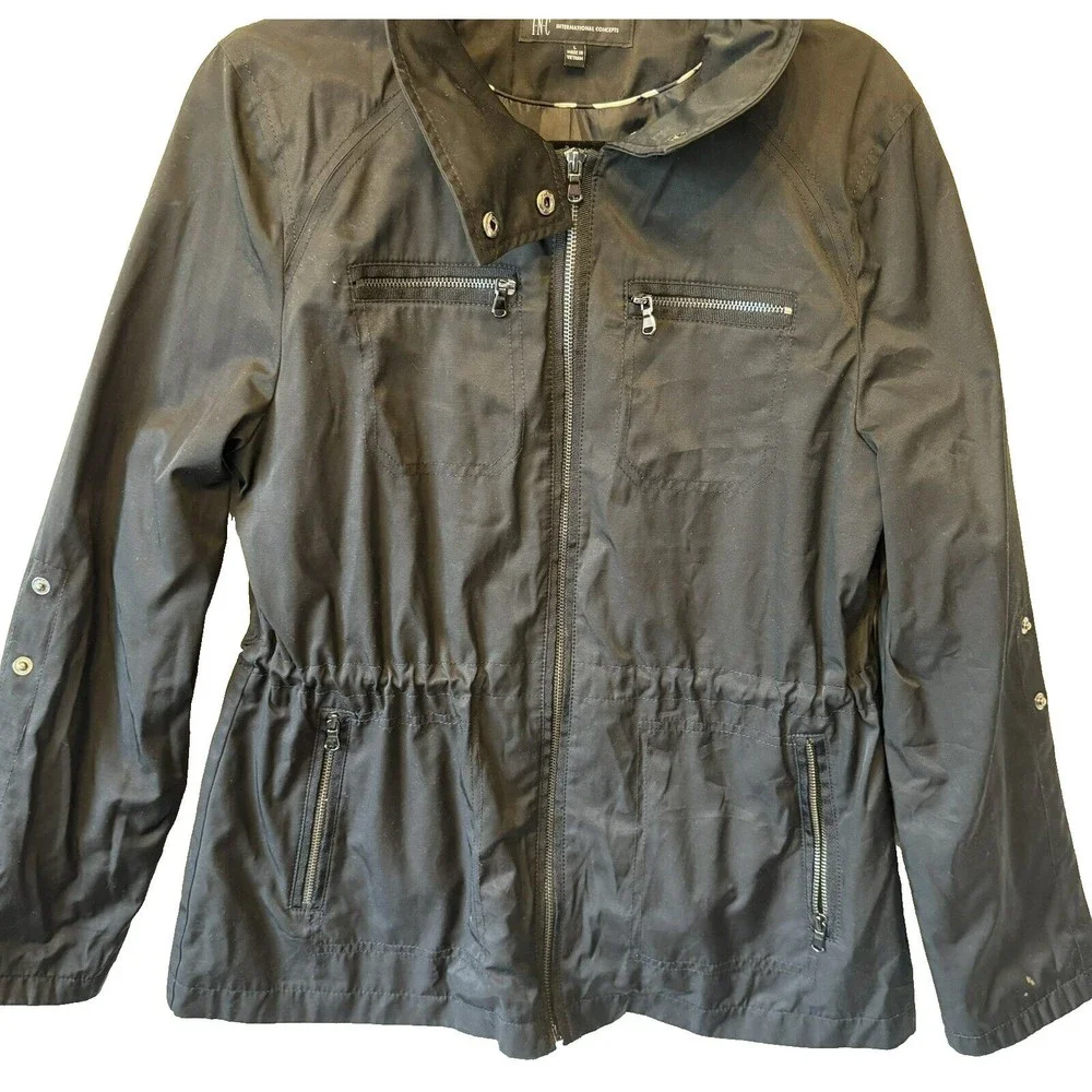 INC International Concepts Jacket Womens Large Black Windbreaker Raincoat Hooded